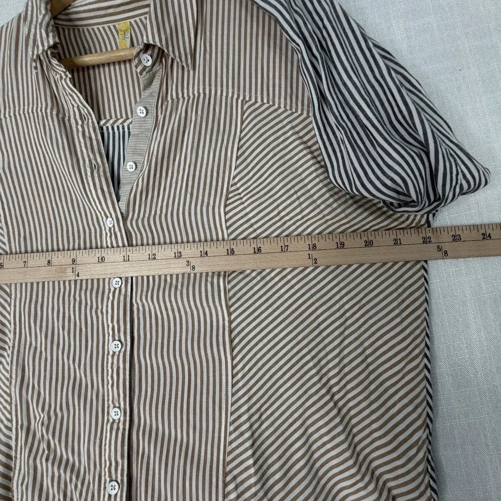 Free People Ivory Striped 100% Cotton Button Down Long Sleeve Blouse Sz S Petite